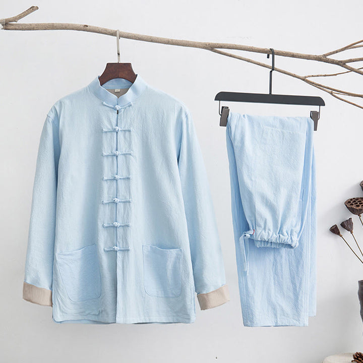 Buddha Stones 2-teiliger Zen-Tang-Anzug für Herren aus Leinen mit Froschknöpfen, langärmeliges Hemd und Hose - HellCyan - US/ UK/AU44,EU54 (4XL) - image 22