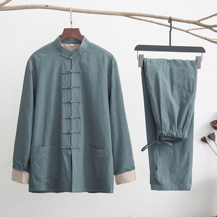 Buddha Stones 2-teiliger Zen-Tang-Anzug für Herren aus Leinen mit Froschknöpfen, langärmeliges Hemd und Hose - CadetBlue - US/ UK/AU44,EU54 (4XL) - image 4