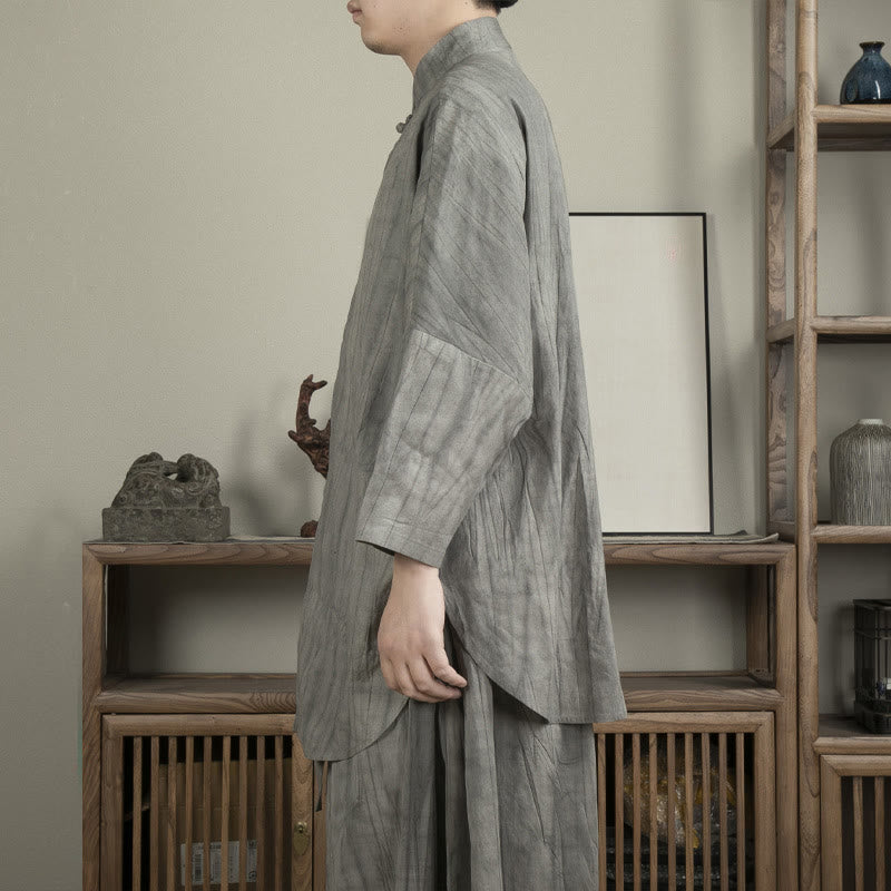 Buddha Stones Casual Grau Herren Frosch-Knopf Hemd Zen Kleidung - image 2