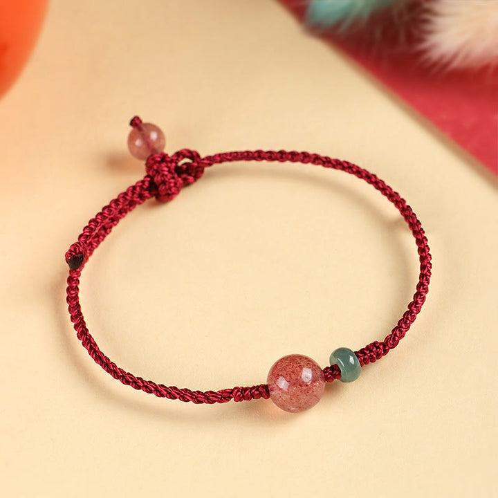 Buddha Stones Natürliches Erdbeerquarz Jade Weißer Achat Rote Schnur Positives Armband