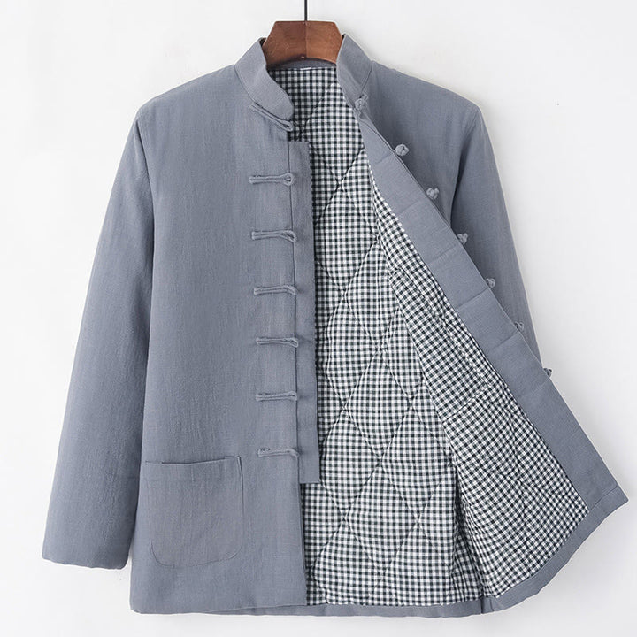 Buddha Stones Winter Herren Froschknopf Tang Anzug Leinen Baumwolle Fleece gefüttert Jacke Hemd mit Taschen - Grau - Frosch-Button - US/ UK/AU44,EU54 (4XL) - image 15