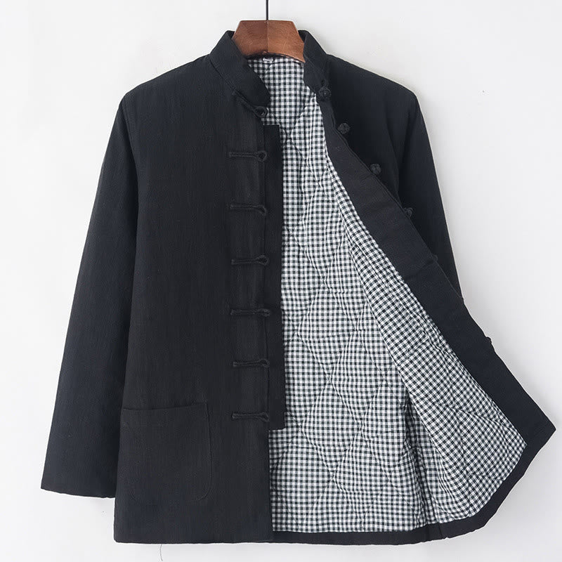 Buddha Stones Winter Herren Froschknopf Tang Anzug Leinen Baumwolle Fleece gefüttert Jacke Hemd mit Taschen - Schwarz - Frosch-Button - US/ UK/AU44,EU54 (4XL) - image 16