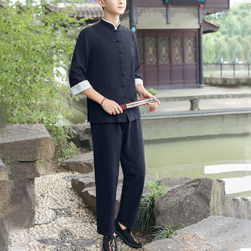 Buddha Stones 2-teiliges Herbst-Tang-Anzug-Set für Herren mit Froschknöpfen aus Baumwolle mit Dreiviertelärmeln und Hose