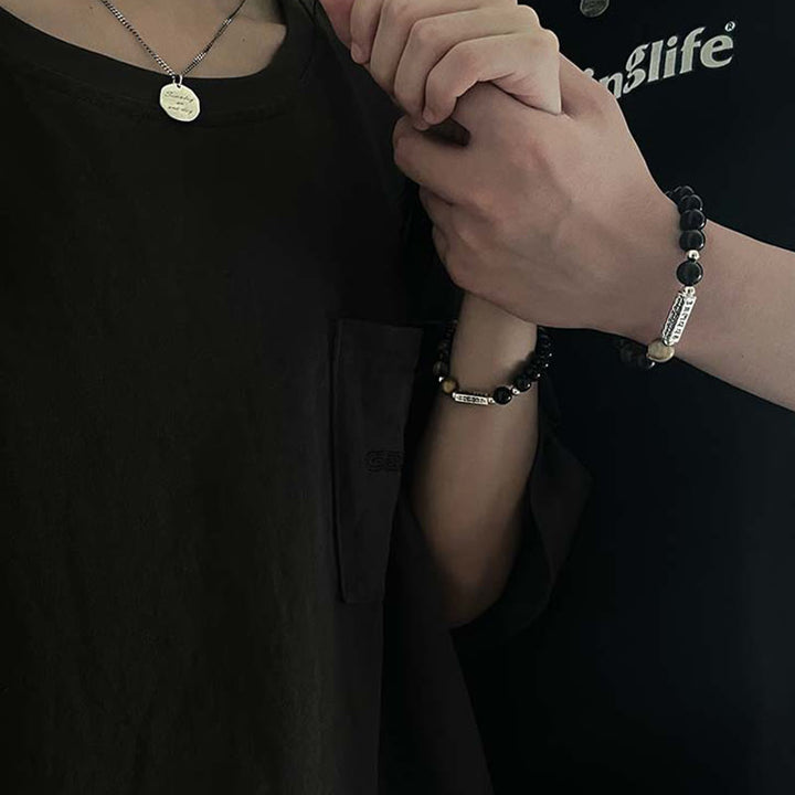 Armband mit Buddha Stones , natürlicher schwarzer Obsidian, Tigerauge, sechs wahre Worte „Om Mani Padme Hum“, Stärke, Liebe