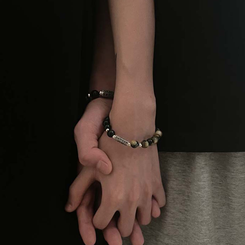 Armband mit Buddha Stones , natürlicher schwarzer Obsidian, Tigerauge, sechs wahre Worte „Om Mani Padme Hum“, Stärke, Liebe