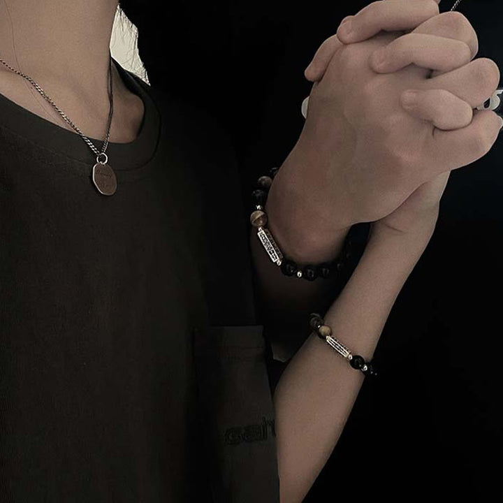 Armband mit Buddha Stones , natürlicher schwarzer Obsidian, Tigerauge, sechs wahre Worte „Om Mani Padme Hum“, Stärke, Liebe