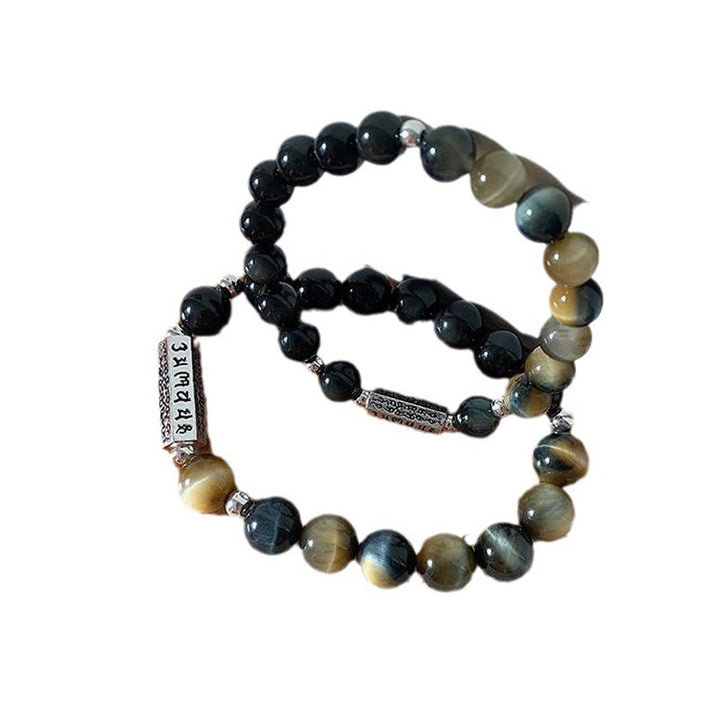 Armband mit Buddha Stones , natürlicher schwarzer Obsidian, Tigerauge, sechs wahre Worte „Om Mani Padme Hum“, Stärke, Liebe