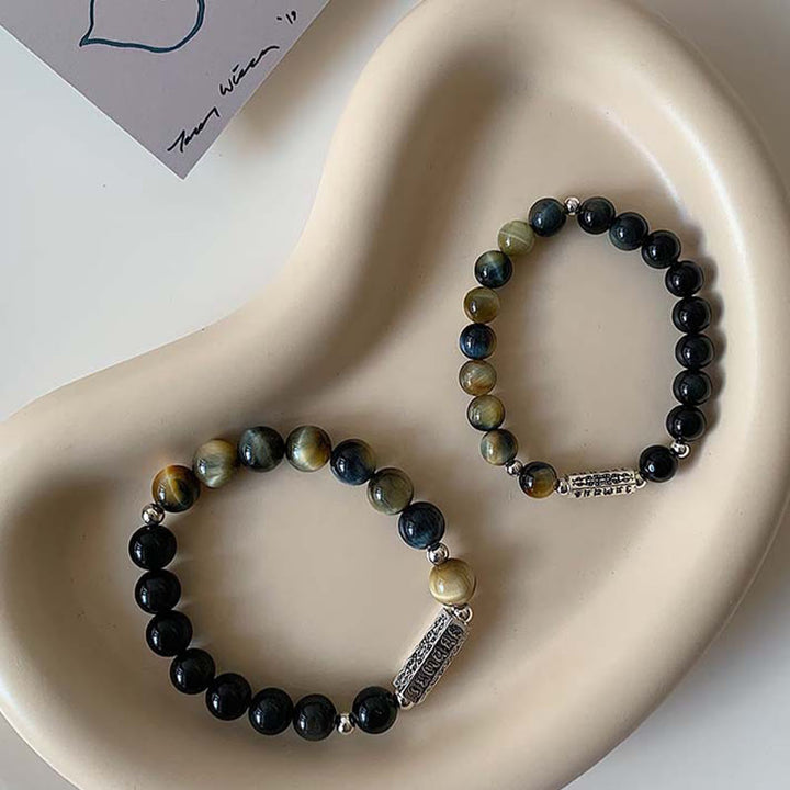 Armband mit Buddha Stones , natürlicher schwarzer Obsidian, Tigerauge, sechs wahre Worte „Om Mani Padme Hum“, Stärke, Liebe