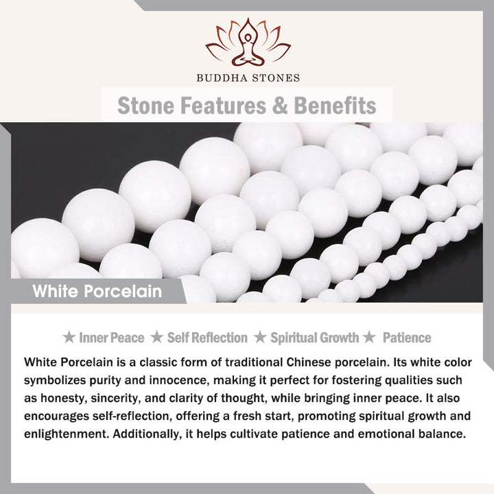 Buddha Stones 108 Mala-Perlen, weißes Porzellan, sechs wahre Worte „Om Mani Padme Hum“, Geduldsarmband