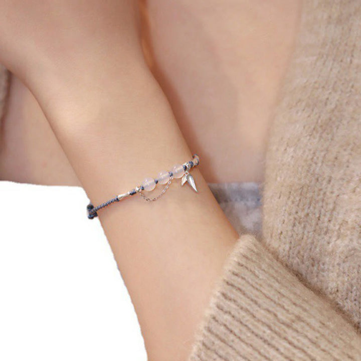 Buddha Stones 925 Sterling Silber Bambusblätter Hetian Jade Chalcedon Perlen Segen Geflochtenes Armband