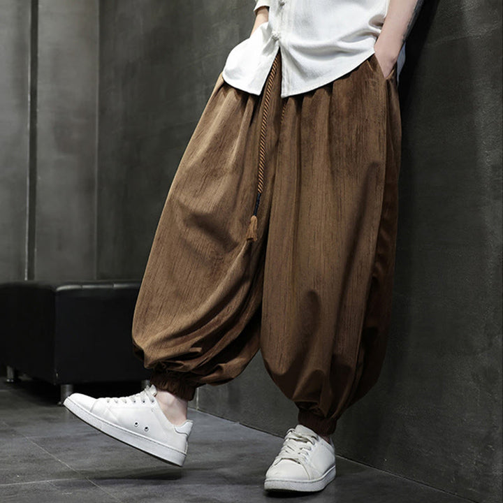 Buddha Stones Einfarbige Cord-Thermo-Haremshose für Herren mit Kordelzug und Taschen - image 3