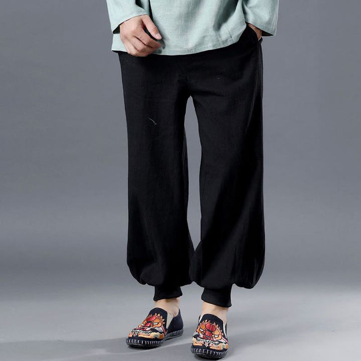 Buddha Stones Einfarbige Ramie-Leinen-Herrenhose mit Reißverschluss vorne und Taschen