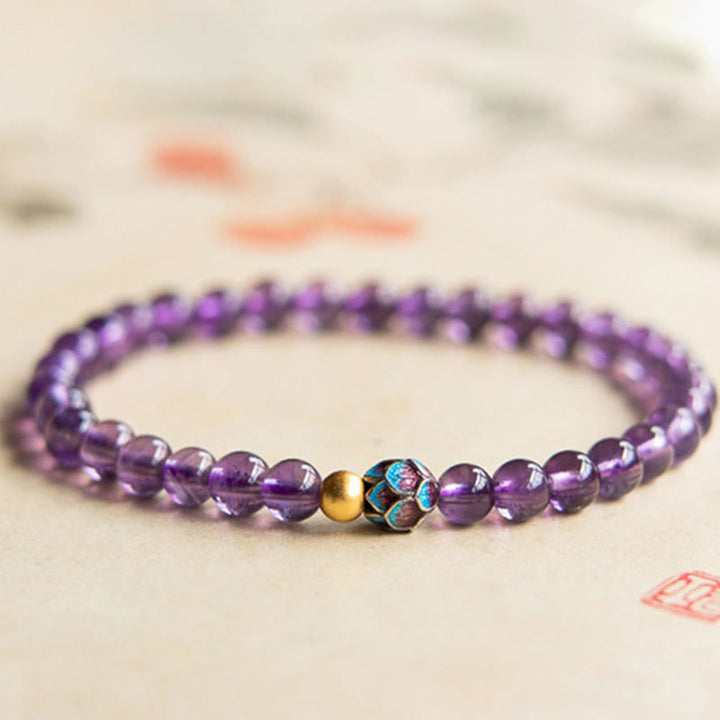 Buddha Stones Armband mit natürlichem Amethyst und Lotusblüte, spirituelles Bewusstsein