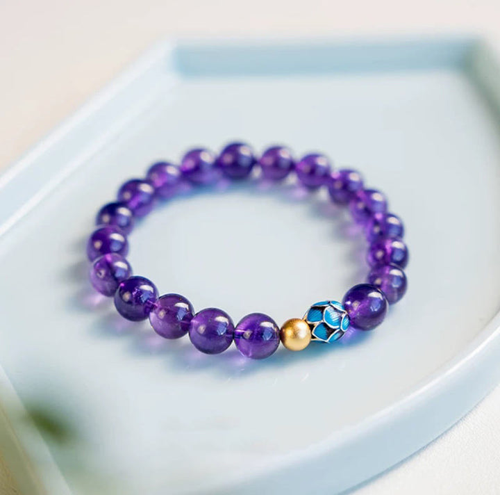 Buddha Stones Armband mit natürlichem Amethyst und Lotusblüte, spirituelles Bewusstsein
