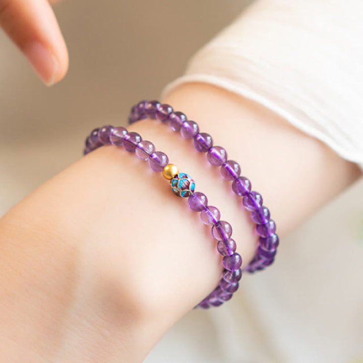 Buddha Stones Armband mit natürlichem Amethyst und Lotusblüte, spirituelles Bewusstsein