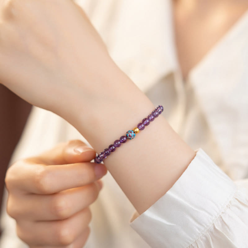 Buddha Stones Armband mit natürlichem Amethyst und Lotusblüte, spirituelles Bewusstsein