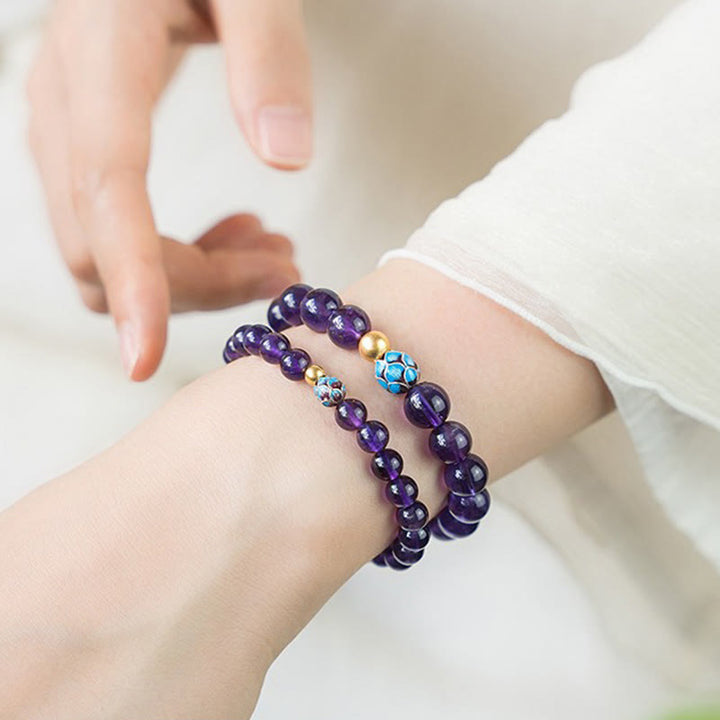 Buddha Stones Armband mit natürlichem Amethyst und Lotusblüte, spirituelles Bewusstsein