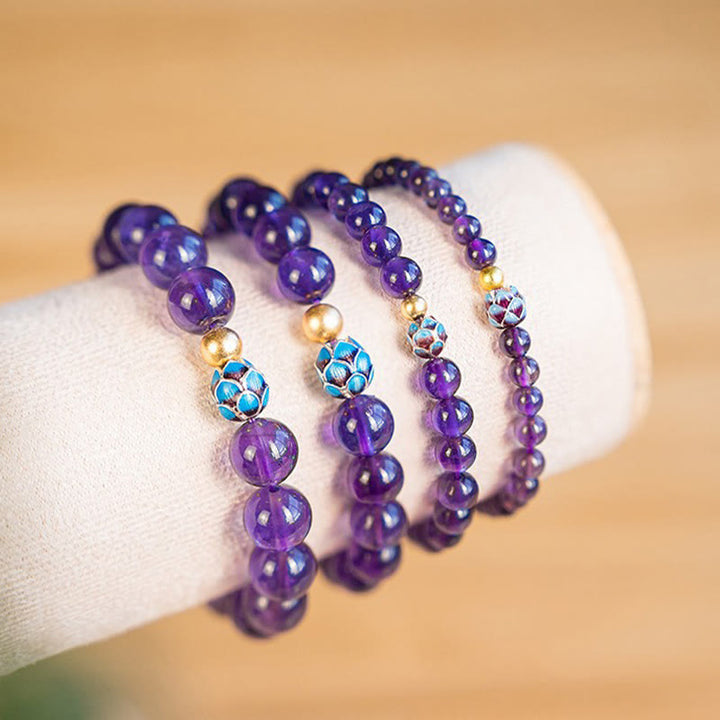 Buddha Stones Armband mit natürlichem Amethyst und Lotusblüte, spirituelles Bewusstsein