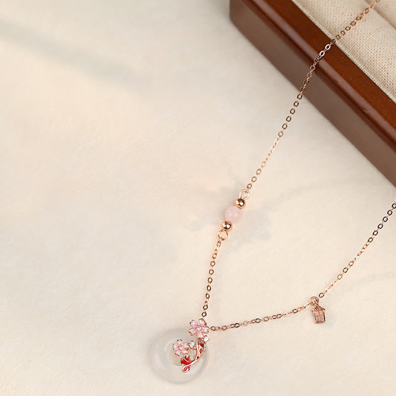 Buddha Stones , Chalcedon, rosa Kristall, 925 Sterling Silber, Blumen, Koi-Fische, Peace-Schnalle, positive Halskette mit Anhänger - image 1