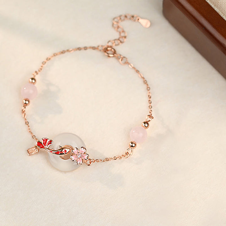 Armband mit Buddha Stones , Chalcedon, rosa Kristall, 925er Sterlingsilber, Blumen, Koi-Fische, Peace-Schnalle, positives Armband - image 1