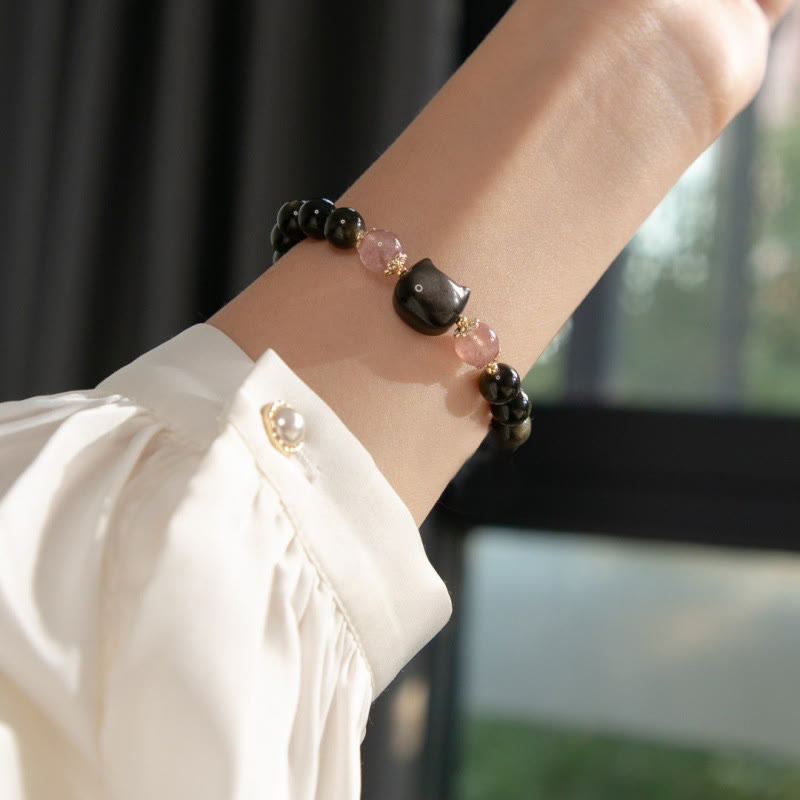 Buddha Stones Schwarze Obsidian Erdbeerquarz Perlen Silber Glanz Obsidian Katzenkopf Stärke Armband - image 5