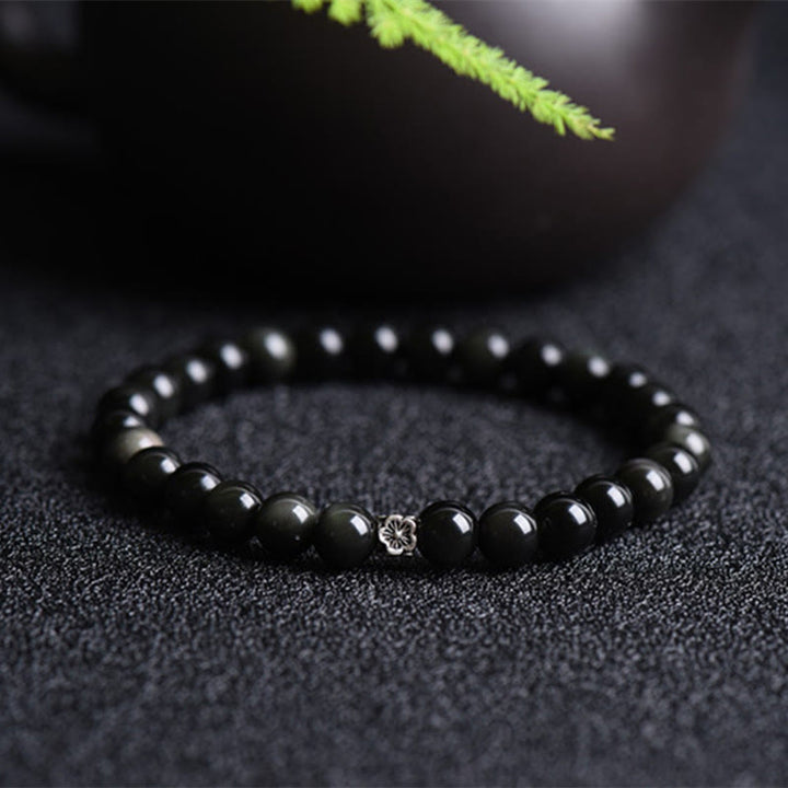 Buddha Stones Schwarze Obsidianperle 925 Sterling Silber Blumendesign Reinigungsarmband