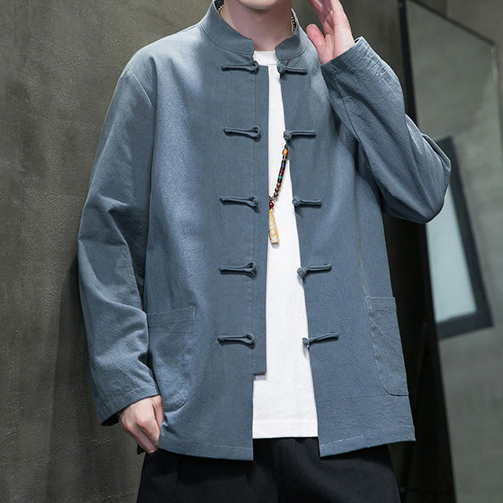 Buddha Stones Einfarbiger Tang-Anzug aus Baumwolle und Leinen mit Froschknöpfen und Taschen - image 2