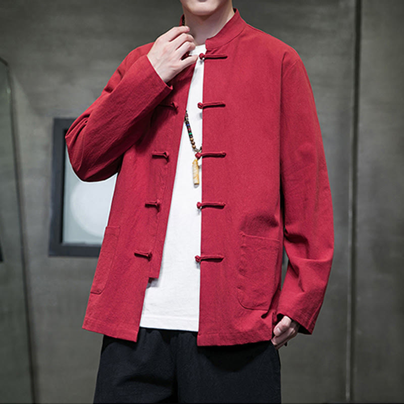 Buddha Stones Einfarbiger Tang-Anzug aus Baumwolle und Leinen mit Froschknöpfen und Taschen - image 37