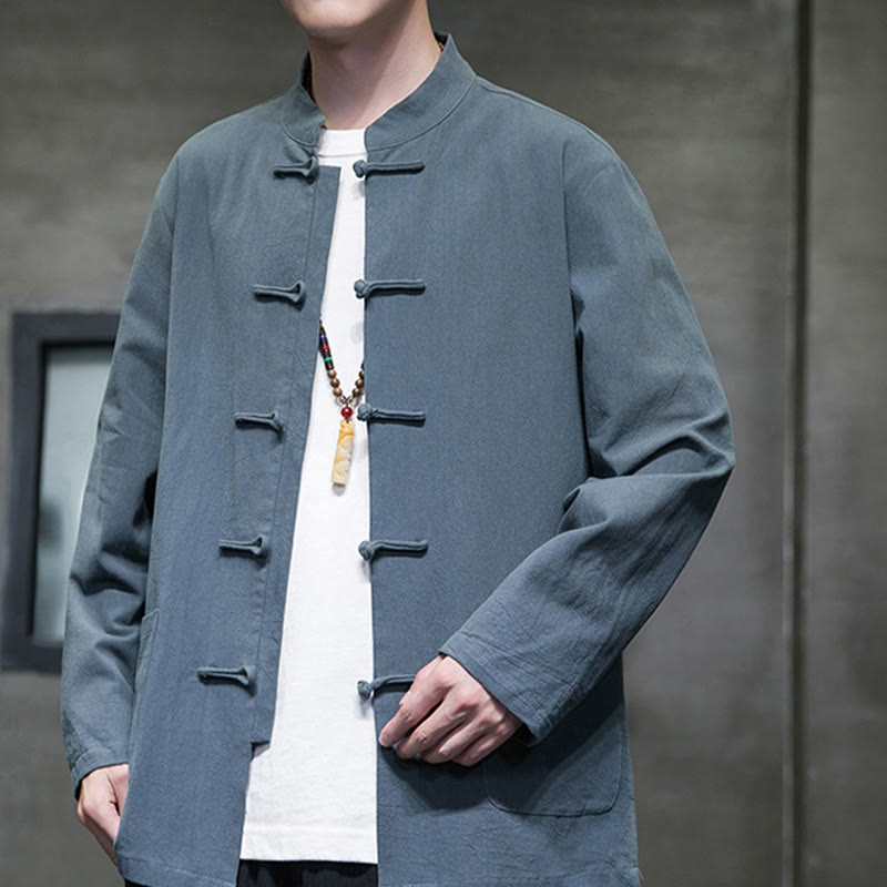 Buddha Stones Einfarbiger Tang-Anzug aus Baumwolle und Leinen mit Froschknöpfen und Taschen - image 3