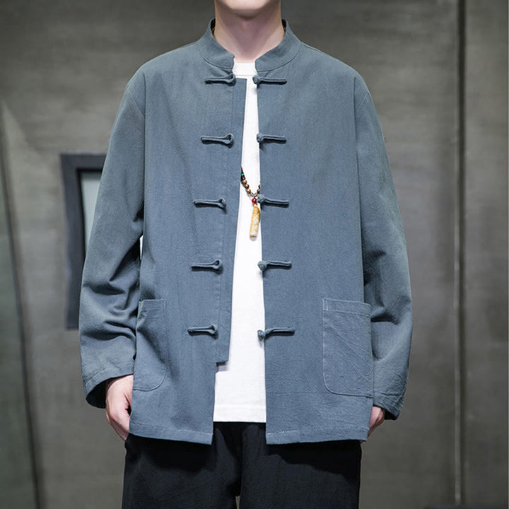 Buddha Stones Einfarbiger Tang-Anzug aus Baumwolle und Leinen mit Froschknöpfen und Taschen - Stahlblau - US/ UK/AU46,EU56 (5XL) - image 0