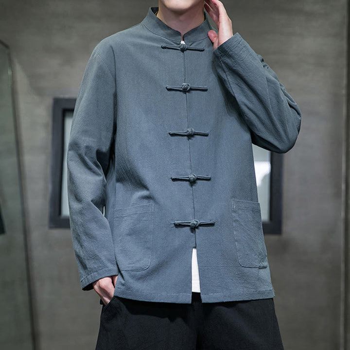 Buddha Stones Einfarbiger Tang-Anzug aus Baumwolle und Leinen mit Froschknöpfen und Taschen - image 6