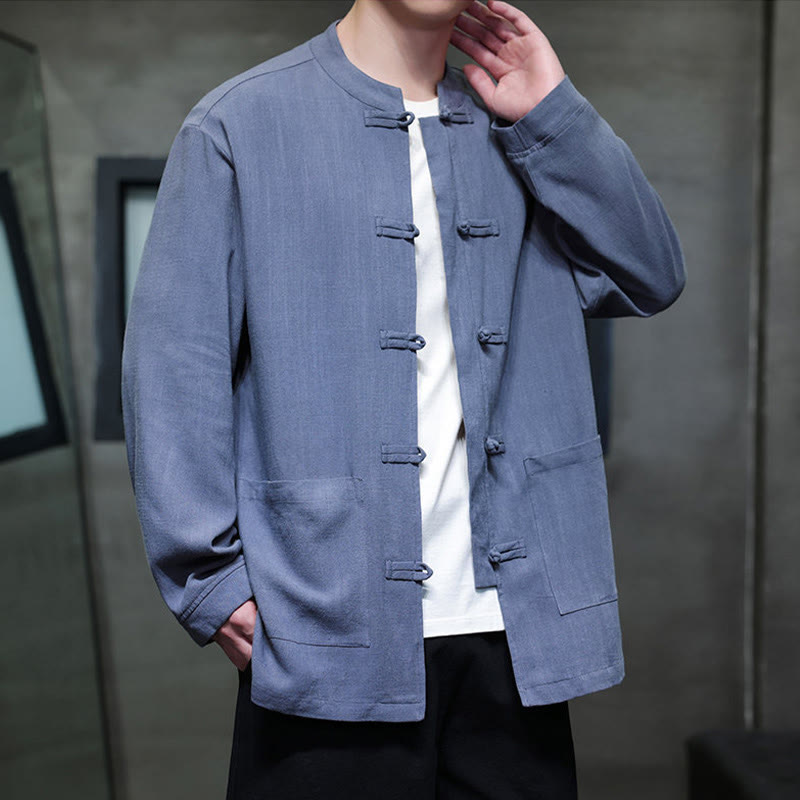 Buddha Stones Lässiges, einfarbiges Leinenhemd mit Froschknöpfen und Taschen für Herren - image 3