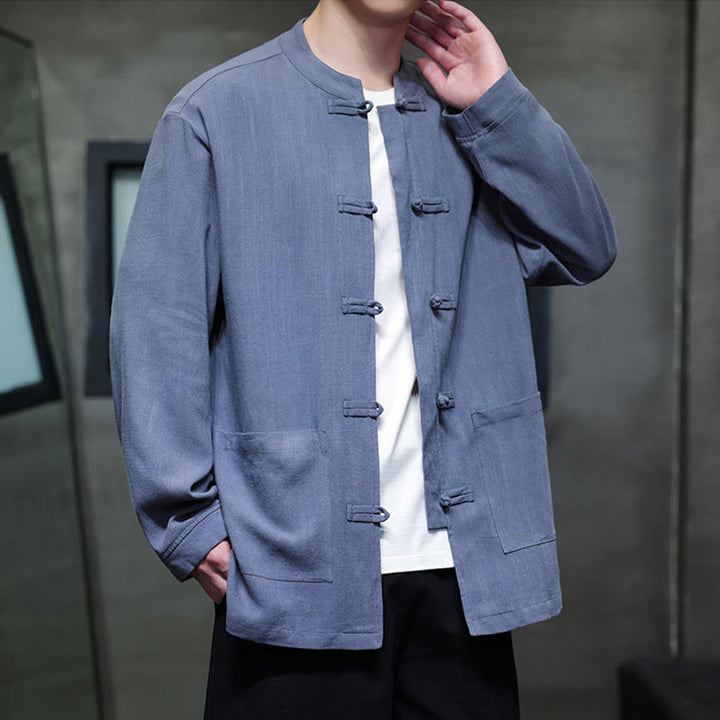 Buddha Stones Lässiges, einfarbiges Leinenhemd mit Froschknöpfen und Taschen für Herren - image 3