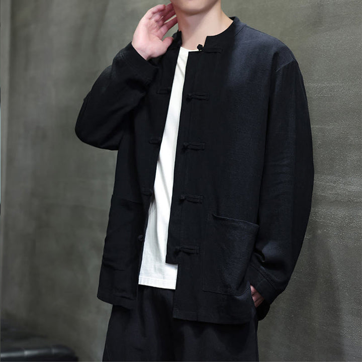 Buddha Stones Lässiges, einfarbiges Leinenhemd mit Froschknöpfen und Taschen für Herren - image 13