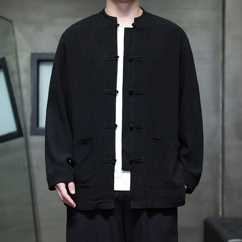 Buddha Stones Lässiges, einfarbiges Leinenhemd mit Froschknöpfen und Taschen für Herren - image 10