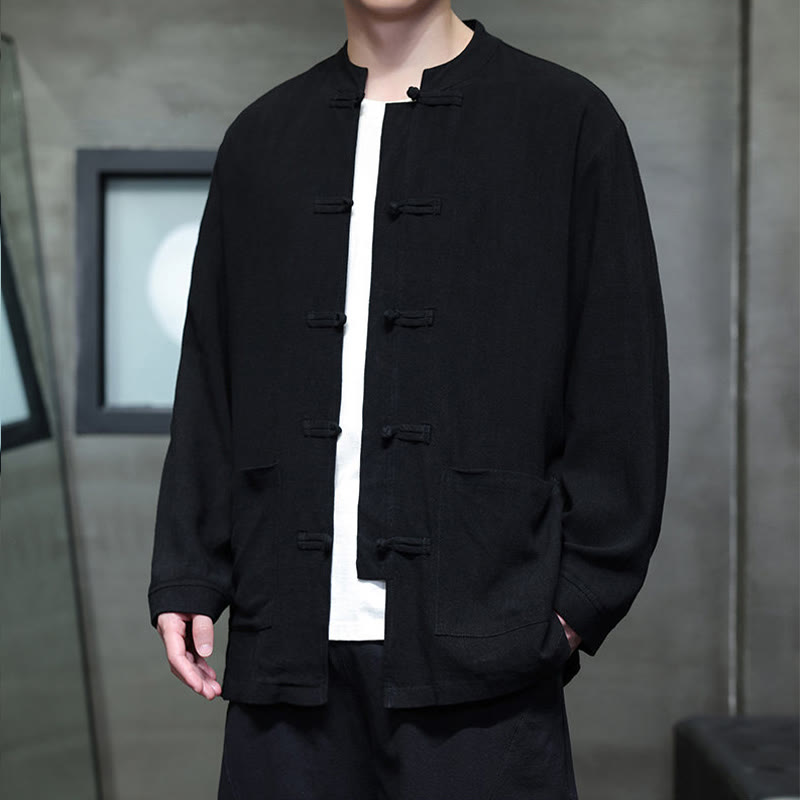 Buddha Stones Lässiges, einfarbiges Leinenhemd mit Froschknöpfen und Taschen für Herren - image 12