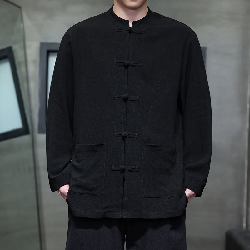 Buddha Stones Lässiges, einfarbiges Leinenhemd mit Froschknöpfen und Taschen für Herren - Schwarz - US/ UK/AU46,EU56 (5XL) - image 8