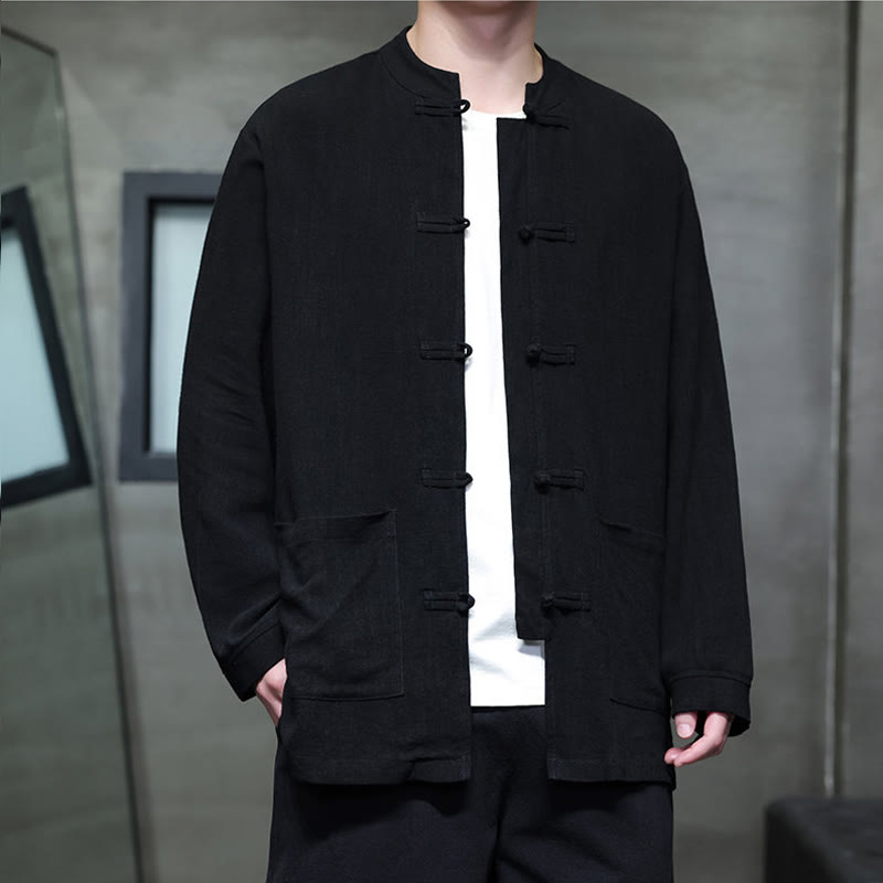 Buddha Stones Lässiges, einfarbiges Leinenhemd mit Froschknöpfen und Taschen für Herren - image 11