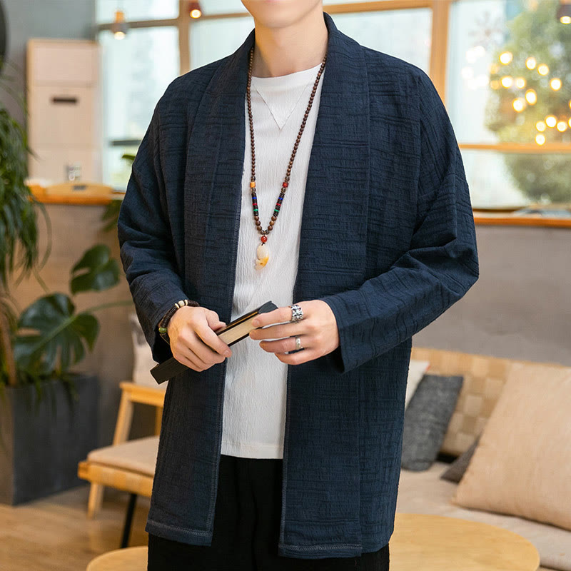 Buddha Stones Fallen Einfache Lose Plain Leinen Mischung Herren Mittellangen Mantel Kleidung - Marine - US/ UK/AU42,EU52 (3XL) - image 16