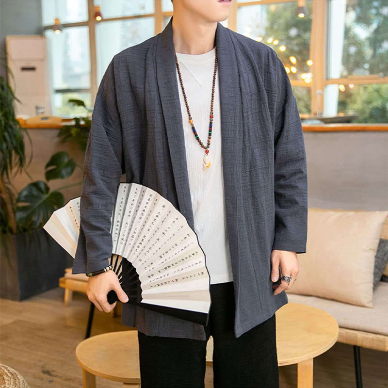 Buddha Stones Fallen Einfache Lose Plain Leinen Mischung Herren Mittellangen Mantel Kleidung - image 2