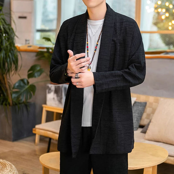 Buddha Stones Fallen Einfache Lose Plain Leinen Mischung Herren Mittellangen Mantel Kleidung - image 9