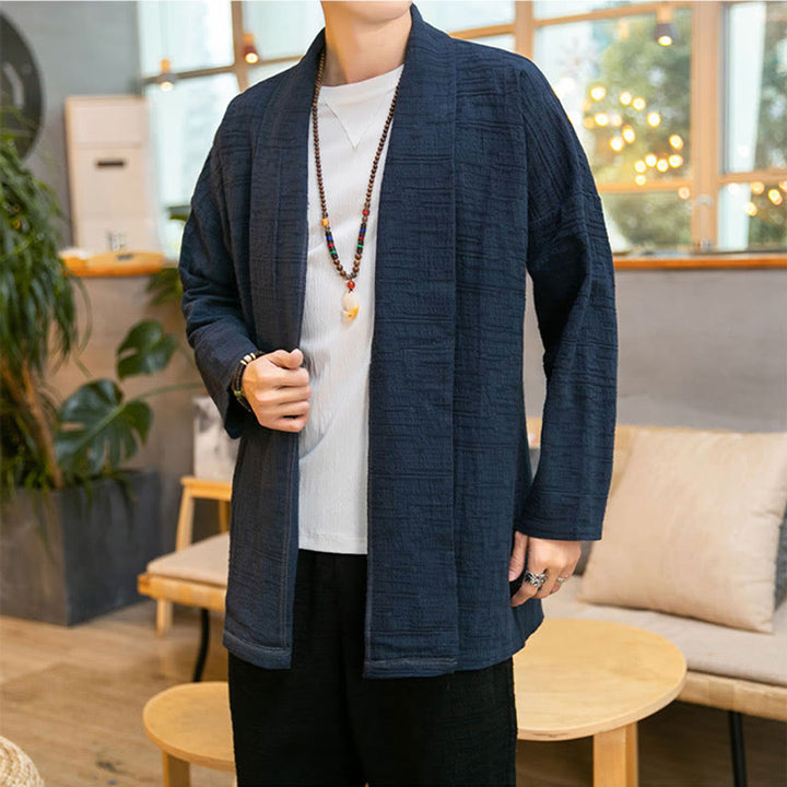 Buddha Stones Fallen Einfache Lose Plain Leinen Mischung Herren Mittellangen Mantel Kleidung - image 18