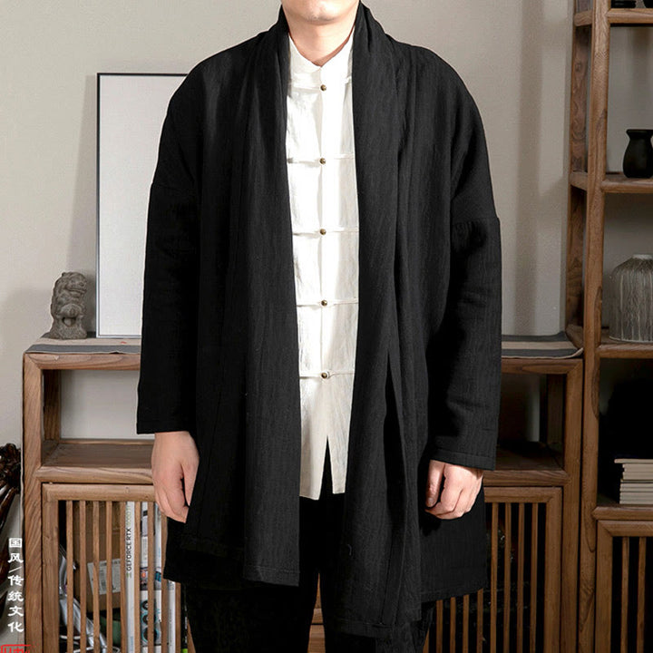 Buddha Stones Fall Simple Jacquard Zen Plüsch Baumwolle gefüttert Herren Mittellanger Mantel Kleidung - Schwarz - US/ UK/AU44,EU54 (4XL) - image 5