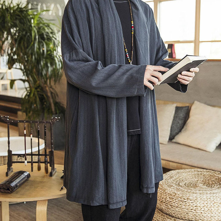 Buddha Stones Fallen Einfache Casual Loose Plain Leinenmischung Herren Mittellanger Mantel Kleidung - image 3