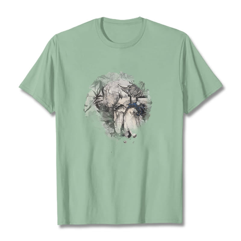 Buddha Stones Chinesischen Bambus Berg Pavillon Design Muster T T-shirt - Blassgrün - 2XL - image 16