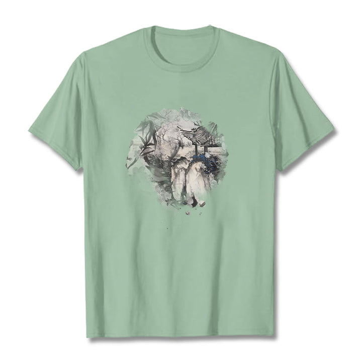 Buddha Stones Chinesischen Bambus Berg Pavillon Design Muster T T-shirt - Blassgrün - 2XL - image 16