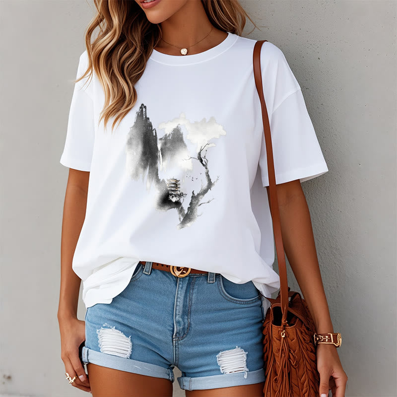 Buddha Stones Pavillon Baum Gänse Um Die Berge Muster T T-shirt - image 5