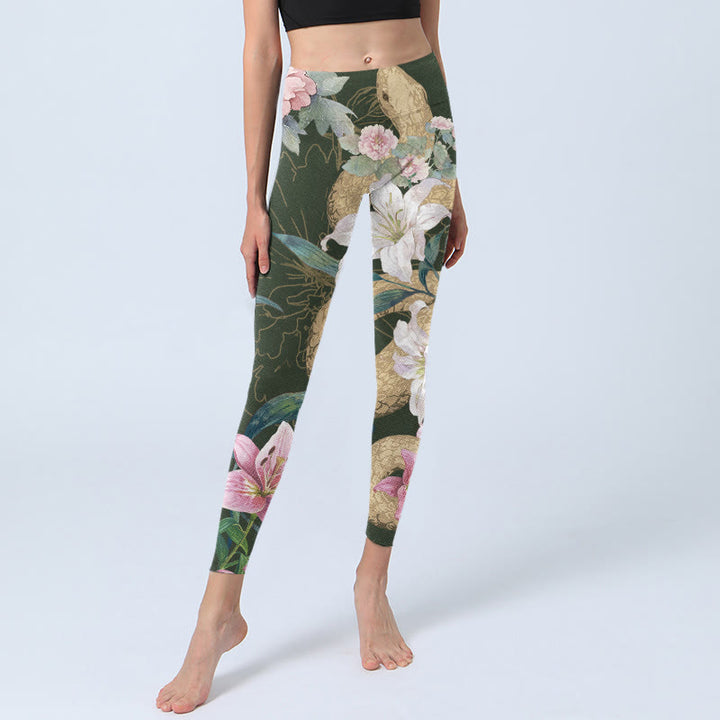 Buddha Stones Grün Golden Schlange Lilie Pfingstrose Blumen Druck Gym Leggings frauen Yoga Hosen - image 6