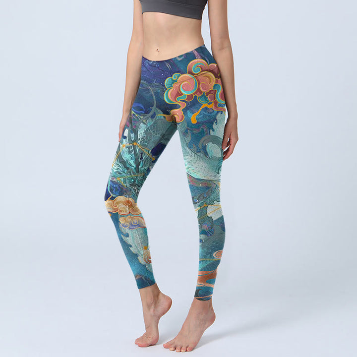 Buddha Stones, blauer Drache, glückverheißende Wolken, Druck, Leggings für Damen, Yogahose - Stahlblau - US18, UK/AU22,EU50 (4XL) - image 1