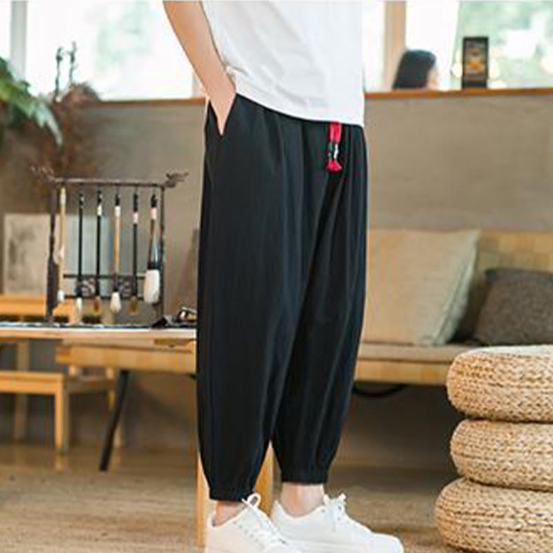 Buddha Stones - einfarbige rote Leinenhose mit Kordelzug und Taschen für Herren - image 18